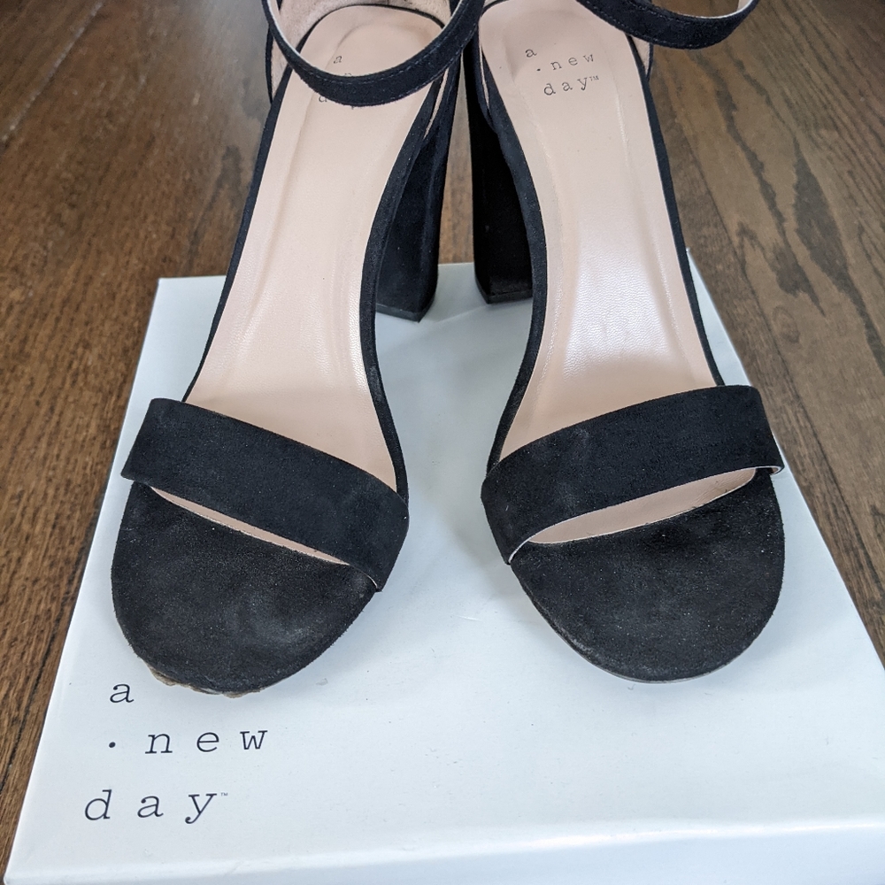 A new day black velvet chunky ankle strap heels